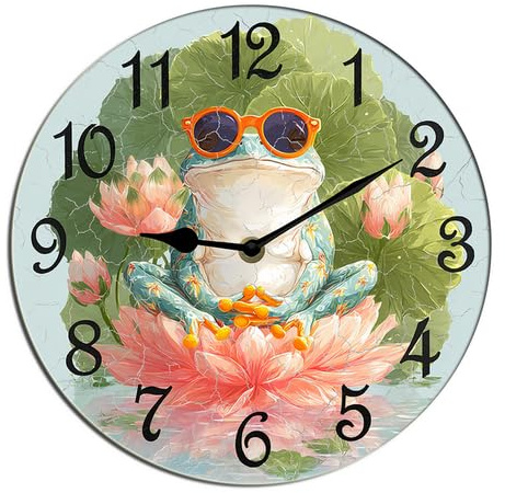 Horienteeon Divertido reloj de pared de rana para yoga, flor de loto, madera, silencioso, cuarzo, dormitorio, sala de estar, oficina, gimnasio, cocina, baño, patio, decoración, redondo, 25,4 cm