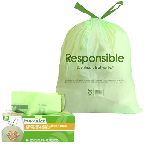 Responsible Products Kitchen Bin Liners, Certified Compostable, Heavy Duty Multipurpose Food Scrap Bags, Made from Compostable Materials (30 Gallon Drawstring, 30 Gallon (90 Count))
