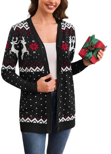 Crewhpo Cárdigan Navidad para Mujer Invierno Chaqueta de Punto Suéter Frente Abierto Jersey Manga Larga Cuello en V Cárdigans con Botones
