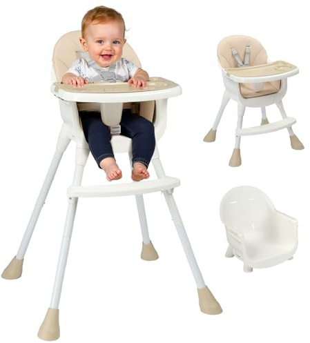 LEADZM 3 en 1 Chaise Haute Bébé, Tabouret bas Variable, Double Plateau Amovible, avec Ceinture de Sécurité à 5 Points, Charge Maximale 15 kg, Convient aux Bébés de 6 à 36 Mois (Beige)