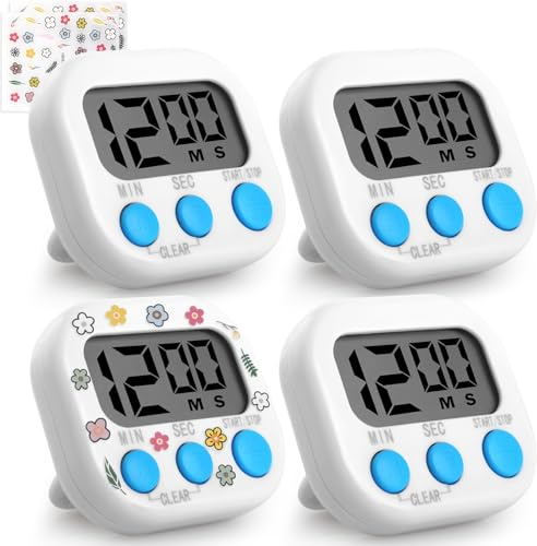 GeeRic Lot de 4 Minuteurs de Cuisine, Minuteurs électroniques avec Alarme Sonore pour la Cuisson, Minuteurs Numériques Magnétiques, Grand écran LCD (Piles Non Incluses) 4 Blanc