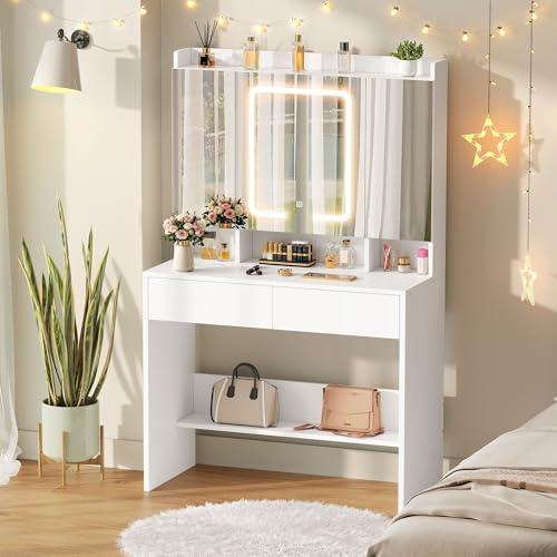 YITAHOME Schminktisch mit LED-Beleuchtung, Schminktisch mit Spiegel, 3 Farben, Helligkeit einstellbar Kosmetiktisch mit Spiegel, verstellbaren Ablagen und 2 Schubladen, modern