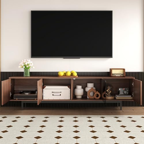 NADEUSAK Mueble de TV 50 x 200 cm con textura tallada, puerta de vidrio templado nogal + negro