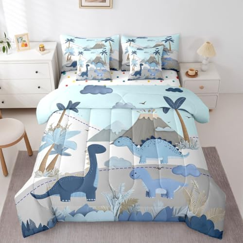 Feelyou Cute Dinosaur Twin Comforter Set with Sheets for Kids Boys Girls Cartoon Dinosaur 7 Pieces Bedding Set Wild Animal Bed in a Bag Jungle Dino Plant Room Decor Soft Microfiber