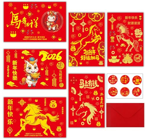 6Pcs Chinese New Year Cards 2026 - Year of The Horse Cards with Envelopes Stickers for Lunar Spring Festival Gifts