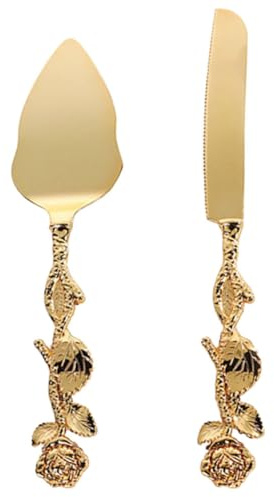 Angoily Ensemble de Couteau et Pelle à Gâteau Dorés en Alliage de Zinc, Lame Dentelée pour Coupe Précise, Manche Long Sécurisé, Service à Gâteau de Mariage et Anniversaires, Ustensiles