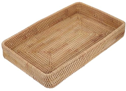 Amosfun Plateau en Rotin Tressé Main Rectangulaire Grand Format 37 X 23 Cm, Plateau Décoratif Multifonction en Bois Naturel pour Service et Rangement, Maison la Cuisine Salle de Bain