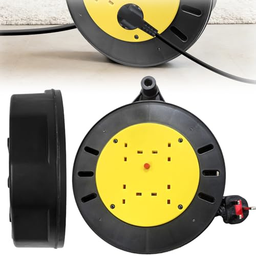 4 Socket Extension Lead 10m Portable Cable Reel, Thermal Cut Out Protection 13A Fused Plug, Ergonomic Handle, Heavy Duty Extension Cord for Garden, DIY, Workshop, Power Tools, Indoor Use, Yellow/Black