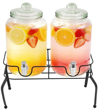 2 dispenser per bevande in vetro da 3 l, con supporto in metallo, dispenser per bevande con rubinetto, brocca per acqua con rubinetto, perfetto per feste, matrimoni