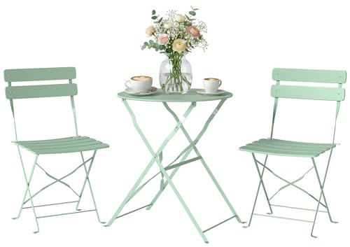 Outsunny Set da Bistrò Pieghevole da 3 Pezzi, Set da Giardino con 2 Sedie, Tavolo Rotondo, Struttura Metallo Antiruggine, Set di Mobili da Giardino per Patio Balcone, Verde Chiaro