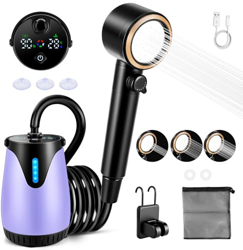 Fuutilake Campingdusche Tragbare mit 8000mAh Akku, Outdoor Dusche mit 3 Wasserabgabemodi, Mobile Dusche mit Temperaturanzeige & Schlauch, Sicher für 0-50°C, für Camping, Wandern, Haustiere