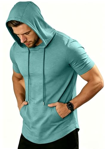 ZITY Men's Short Sleeve Hooded T‑Shirt Muscle Fit Workout Gym Pullover Top Lightweight Summer Athletic Shirts with Pocket for Running Hiking M-3XL
