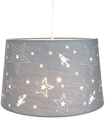Fun Rockets and Stars Childrens/Kids Grey Cotton Bedroom Pendant or Lamp Shade Creates Stunning Effect Against The Wall by Happy Homewares