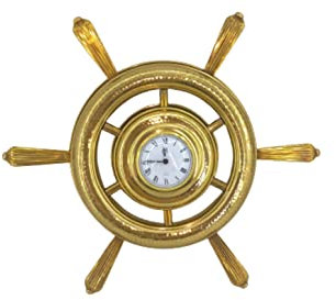 Orologio in ottone da parete a forma di timone artigianato made in Italy stile nautico nave