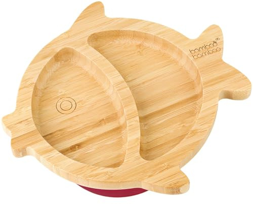 bamboo bamboo Baby Teller Kinderteller, Kindergeschirr mit Saugnapf, Sugnapf Teller Baby ab 6 Monaten (Fisch, Kirsche)