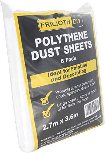 Frilioth® 6-Pack, Large Plastic Dust Sheets - Ultimate Protection for Surfaces & Furniture by Builders, Decorators, and DIY Experts (Polythene, 3.6m x 2.7m)