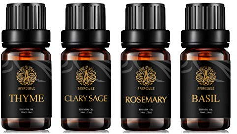 Aromatherapie Clary Salbei ätherisches Öl Set für Diffusor, 100% reine Thymian ätherische Öle Kit für Luftbefeuchter, 4X10ml therapeutische Grade frische Gras ätherische Öle Set- Rosmarin, BasilikumÖl