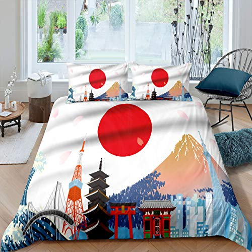 Loussiesd Japanischer Stil Bettwäsche Set Japanischer Ukiyoe Fuji Berg Drucken Bettbezug Set 135x200 cm Japanische Kultur Design Bettwäsche mit 1 Kissenbezug 80x80cm