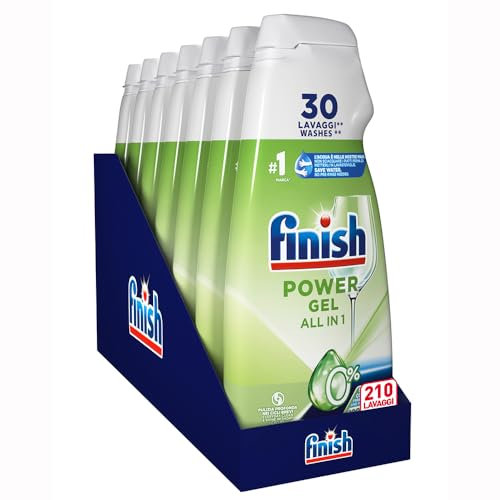 Finish Powergel Detersivo Lavastoviglie 0%, Gel Lavastoviglie, 210 Lavaggi, 7 Confezioni da 30 Lavaggi di Liquido Lavastoviglie contro lo Sporco Ostinato