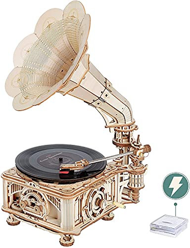 ROKR 3D Holzpuzzle für Erwachsene Teenager DIY Modellbausatz Basteln Mechanische Puzzle-Klassisches Grammophon, Automatischer und Manueller Modus LKB01D