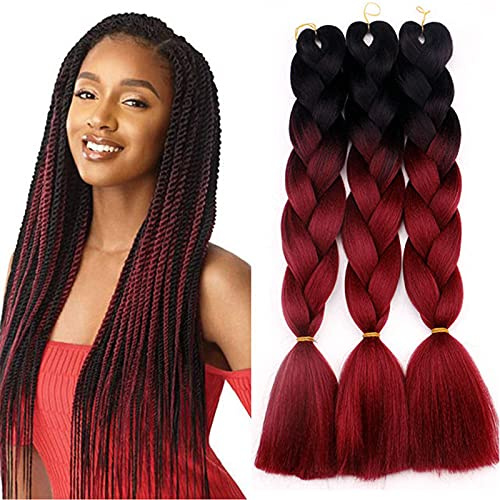 Kanekalon Extensiones 24 Para Trenzas Africanas, CFMY 3Pcs Pelo Sintético Ombre Jumbo Braiding Hair (Negro-Vino Tinto)