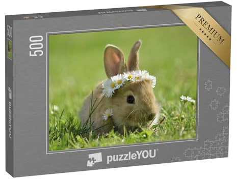 puzzleYOU: Puzzle 500 Teile „Süßes kleines Kaninchen mit Gänseblümchenkranz“ – aus der Puzzle-Kollektion Hasen