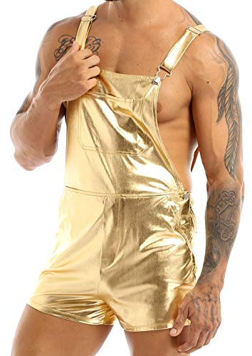 TSSOE Mens Metallic Bib Overalls Suspender Dungaree Hotpants Shiny Party Costume Festival Clubwear
