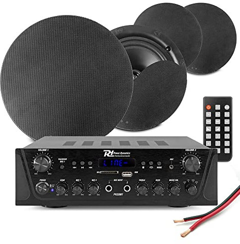 Power Dynamics Multi Room Ceiling Speaker System - PV220BT Bluetooth Amplifier & 4x NCSS6B Black 6-Inch Speakers - Home Audio Installation Kit