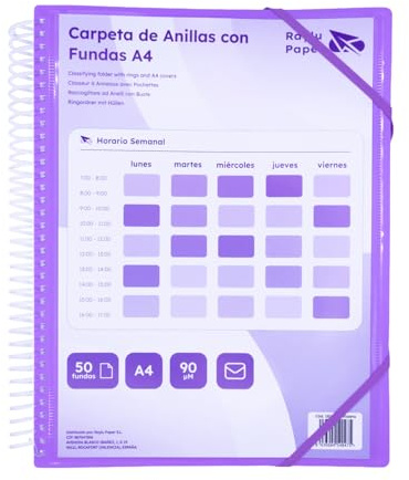 Raylu Paper® – Sorteringsmapp med ringar A4 genomskinliga fodral 90 μm och kuvert med kardborreförslutning, anpassningsbar lock. 100 % biologiskt nedbrytbar mantel. (50 lock, Violett)