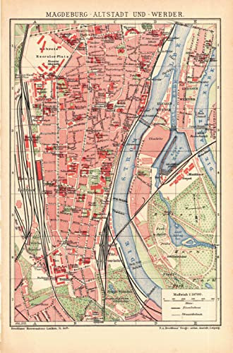 Magdeburg - Altstadt und Werder. Farbiger Stadtplan 1 : 14.700 von 1911