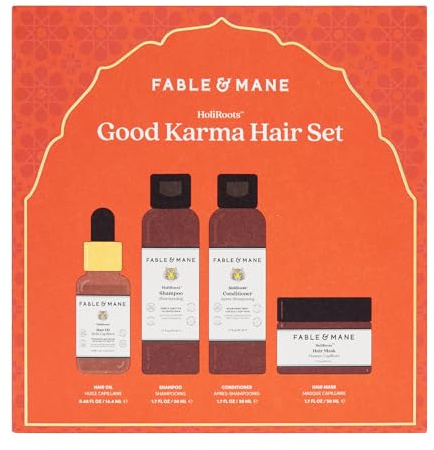 Fable and Mane HoliRoots Good Karma Hair Care Gift Set. Contains HoliRoots Hair Oil 14.4ml, Hydrating Shampoo 50ml, Hair Conditioner 50ml, Hair Mask 50ml - Genuine Fable & Mane Hair Products