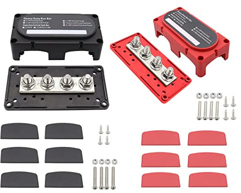 Heavy-Duty Module Design Bus Bar Box, 300A Power Distribution Block with 4X M8/M10 Studs Terminal Board Cover, Battery Junction Block 12V-48V DC for Marine Car Solar (M10 Black + M10 Red)