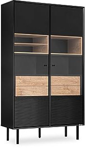 Konsimo Lofty Vitrinenschrank mit Regalen und Türenn 101,5x41x174cm - Glasvitrine für Wohnzimmer oder Schlafzimmer - Wohnzimmerschrank aus Holz mit Rillen - Vitrine Schwarz - Version 10