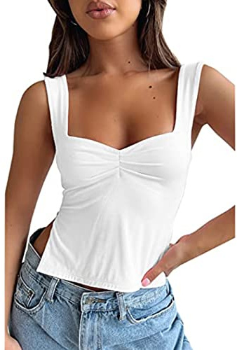 KOEMCY Camiseta Tirantes Mujer Tank Top Camisola Verano Cuello Corazón Elegante sin Mangas Blusa Casual Top Deportivo Ropa Moda Tops Fruncido Algodon