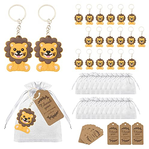 Pilikoll 20pcs Löwe Schlüsselanhänger für Bosy Girls Birthday Party Supply | mit weiße Organza Taschen und Kraft Tags, Tierschlüsselanhänger der Karikatur , Gastgeschenke Hochzeit