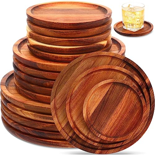 Roshtia Set of 15 Acacia Wood Charger Plates Round Wooden Dinner Platters Cheese Charcuterie Boards Bulk Food Serving Trays for Snack Dessert Appetizer, 6 & 8 & 10, Housewarming Christmas Gifts