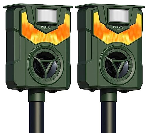 PLINO Répulsif Chat Ultrason - Répulsif Chat Extérieur avec Lumière Flamme LED - Recharge Solaire et USB - Ultrason Chat Étanche - pour Jardins, Potagers et Champs - Dernier Modèle (Lot de 2)