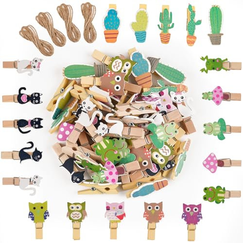 40 Stück Holzklammern Klein, 3.5cm Mini Holzklammern, Dekoklammern Mit 4 Motiv, für Fotos Bilder Collagen Postkarten Geschenke