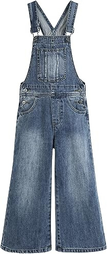 KIDSCOOL SPACE Girls Jeansoveraller,Små Stora Barn Breda ben Resår inuti Jean Dungarees Utsvängda byxor,Ljusblå,9-10 år
