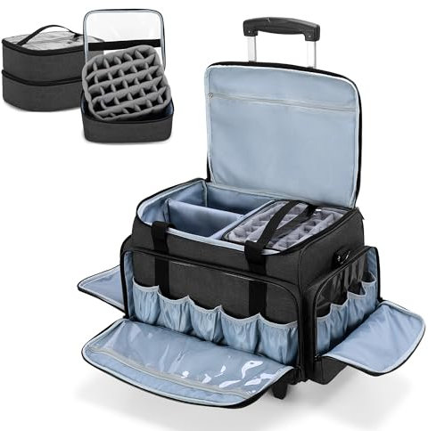 Luxja Rolling Nail Polish Organiser Holds 90 Bottles and a Nail Lamp, Rolling Nail Polish Case with a Detachable Dolly and 3 Removable Cases (Patented), Black