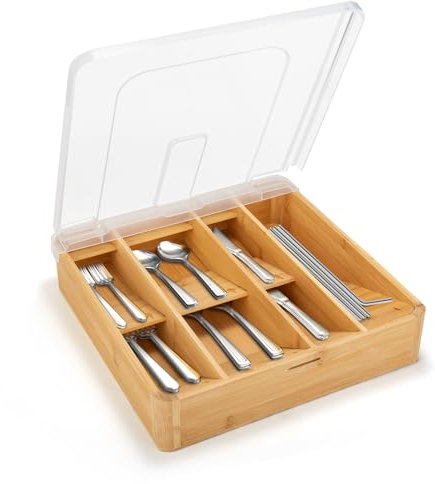 YICOCHI Utensilienhalter für Arbeitsplatte mit Deckel, Bambus-Besteckablage für Schublade, 7 Fächer, Besteck-Organizer mit Etiketten
