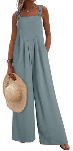 Dokotoo Womens Overalls Dusk Blue Jumpsuits for Women Casual Loose Fit Solid Color Wide Leg One Piece Sleeveless Jumpsuit Adjustable Straps Long Pant Rompers with Pockets Medium