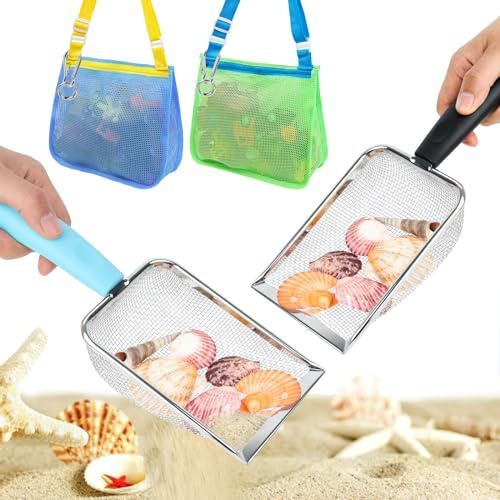 3 otters 2 Pack Beach Mesh Shovel with Mesh Beach Bag for Shell Collecting, Sand Sifters Shell Collect Bag for Kids, Great Shelling Tools