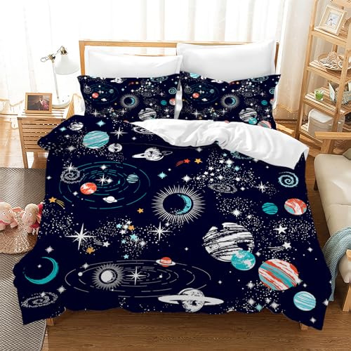 Leleyouzer Rakete Astronaut Bettwäsche Set,Kosmischer Weltraum Planet Raumschiff Muster Bettbezug,Mikrofaser Kinderbettwäsche Set mit 2 Kopfkissenbezügen 50 x 75cm (Astronaut 1, 135×200 cm)