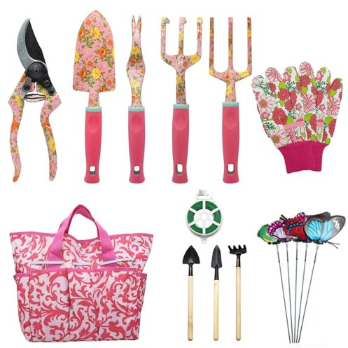 Set di Attrezzi da Giardinaggio, Kit Giardinaggio di Attrezzi Manuali da Floreale Giardino da 16 Pezzi, Regali da Giardinaggio per Donne e Uomini, Attrezzi da Giardinaggio per Impieghi Gravosi