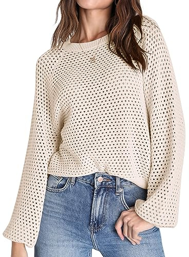 Saodimallsu Damtröja, rund hals, nättyg, långärmade toppar, enfärgad, elegant jumper, tröja, Beige, XL
