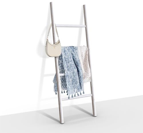 DOZILY Scaffale a scaletta in legno massiccio da 1,5 m, con guide laterali monopezzo, realizzato interamente in legno naturale, 4 ripiani, rustico da parete, per camera da letto e soggiorno (bianco