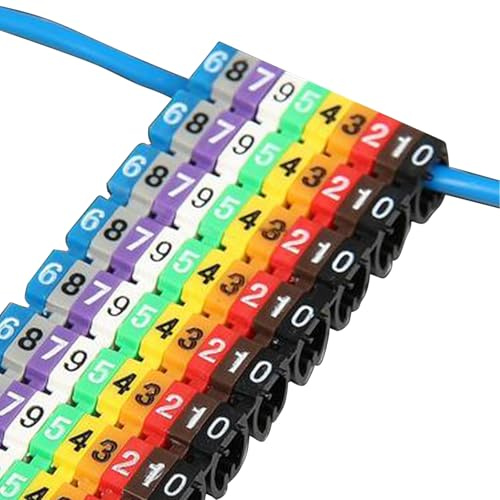Lot de 200 clips de marquage de câbles avec numéros 0 à 9, tube câbles à code de numérique en 10 couleurs, marqueur de câble coloré 2,5mm² clips en forme de C pour diamètres 3-4mm