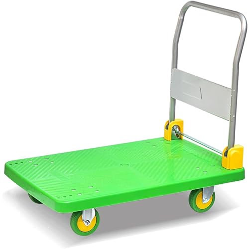 WOYZDQ Transportwagen Kunststoff-Plattform-Schiebewagen, Plattformwagen mit klappbarem Metallgriff und um 360° drehbaren Rädern, grüner Wagen für den Transport von Gepäck und Paketen Rollwagen