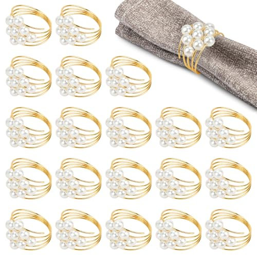 Set di 20 anelli portatovaglioli con perle e strass, stile vintage, con fibbia, per matrimoni e feste